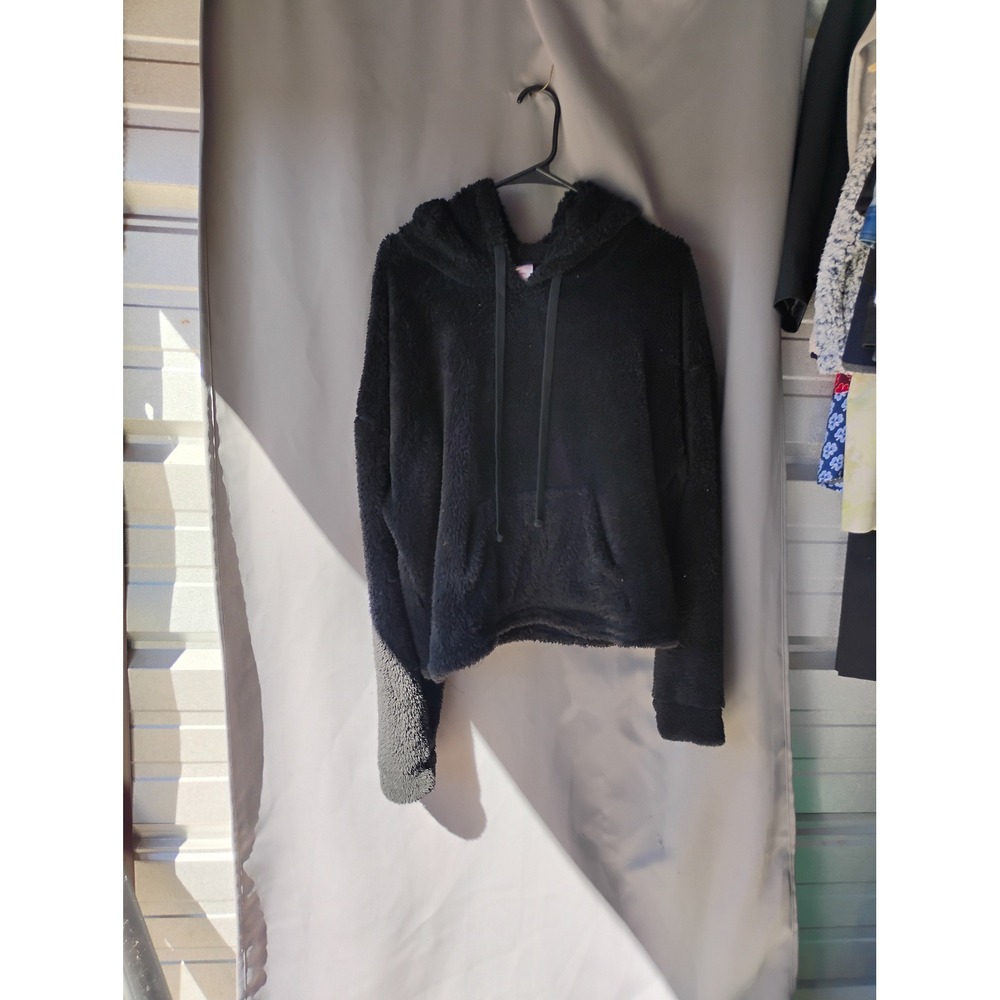 No Boundaries Black Fuzzy Sherpa Hoodie Pullover Kangaroo Pocket XXL 19